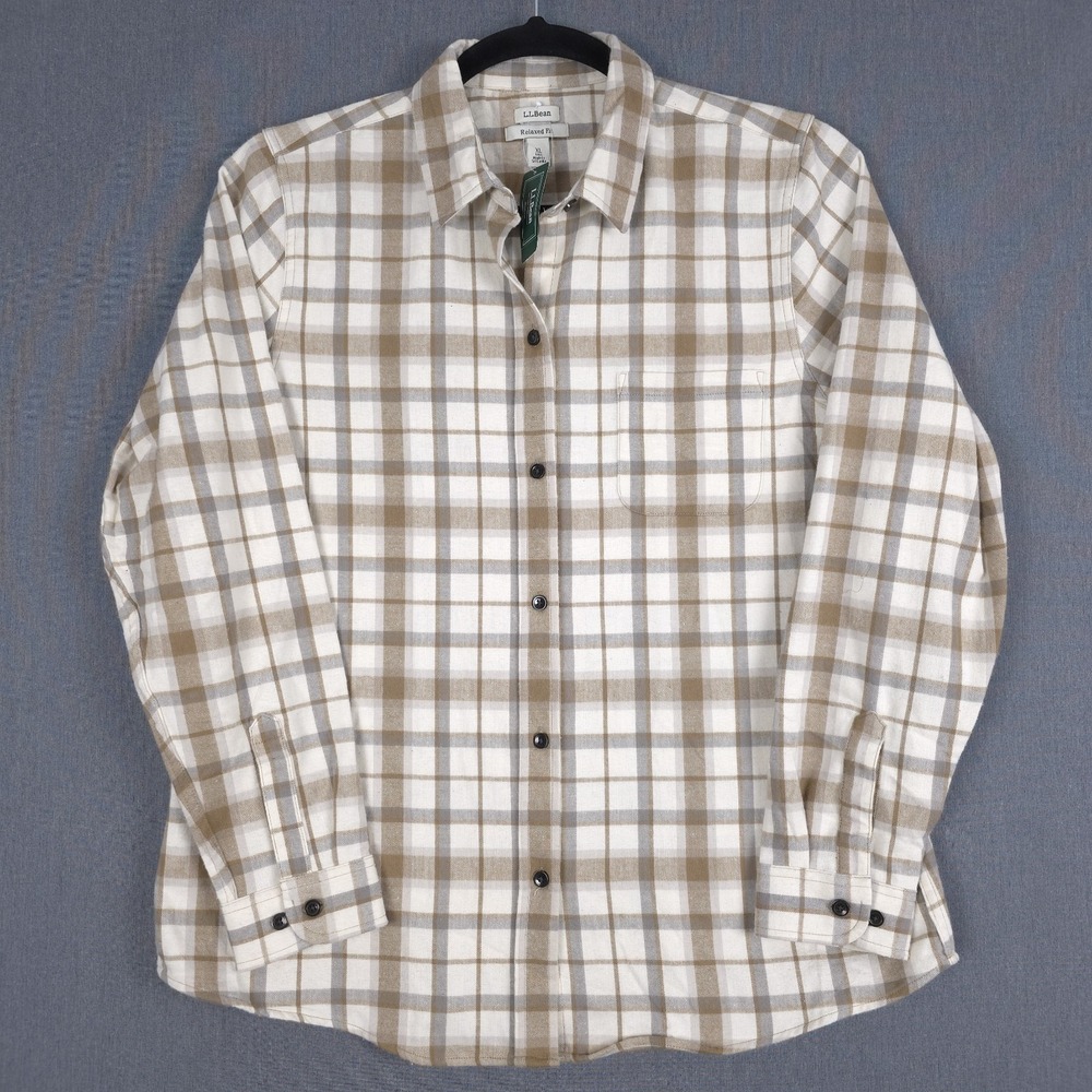 LL Bean Scotch Plaid Flannel Shirt Womens XL Tall Beige Plaid Long Sleeve 512769